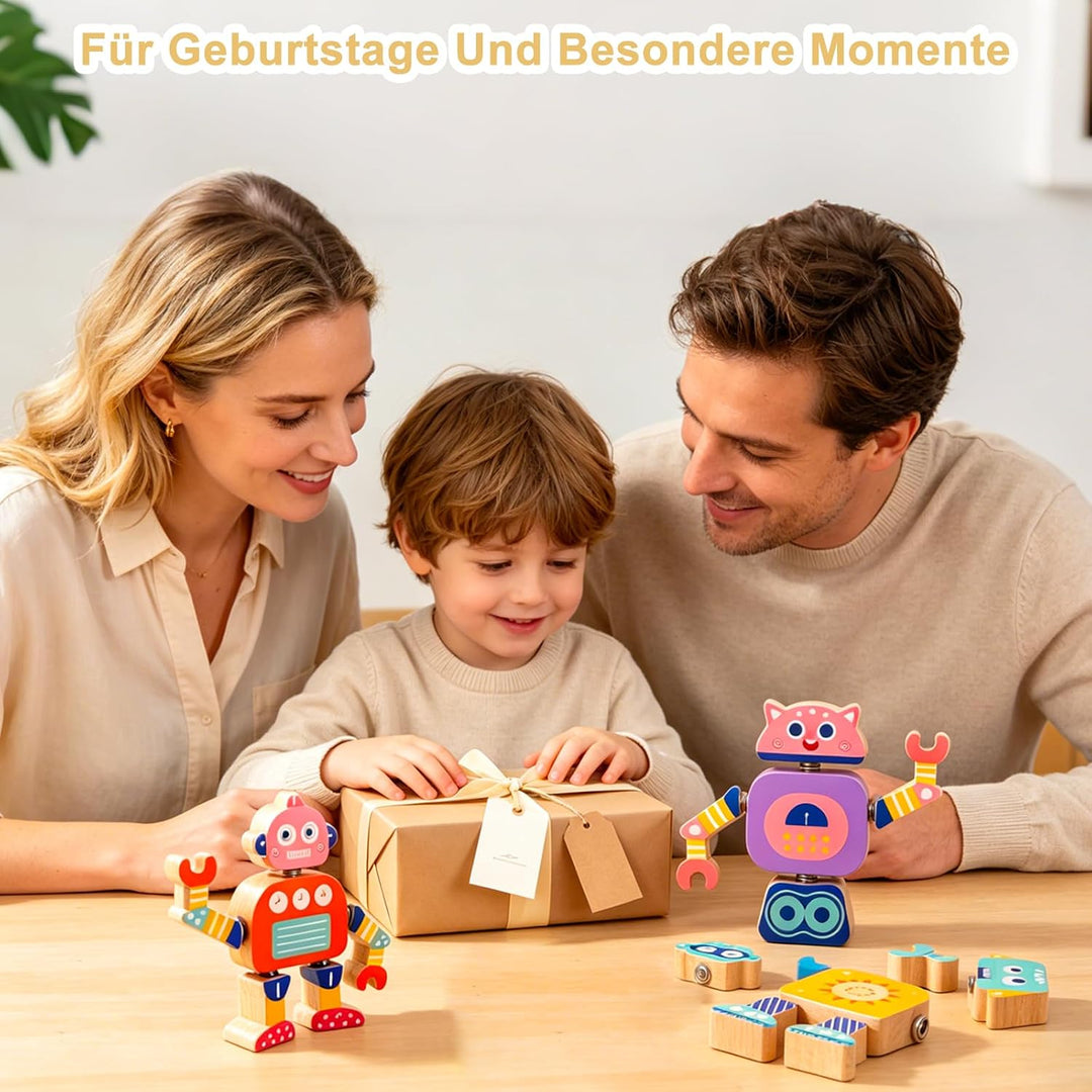 Montessori Spielzeug ab 3 Jahre, 33-TLG. Holz-Roboter-Bauset | Einfaches Stecksystem mit beweglichen