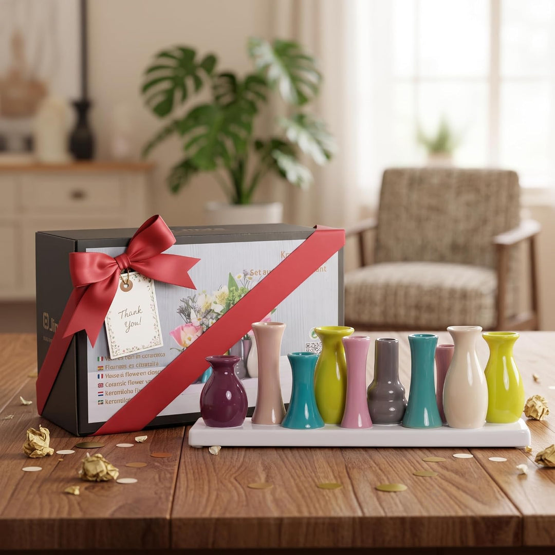 Jinfa Handgefertigte kleine Keramik Deko Blumenvasen Set aus 10 Vasen in bunt 10 Vasen Bunt, 10 Vase
