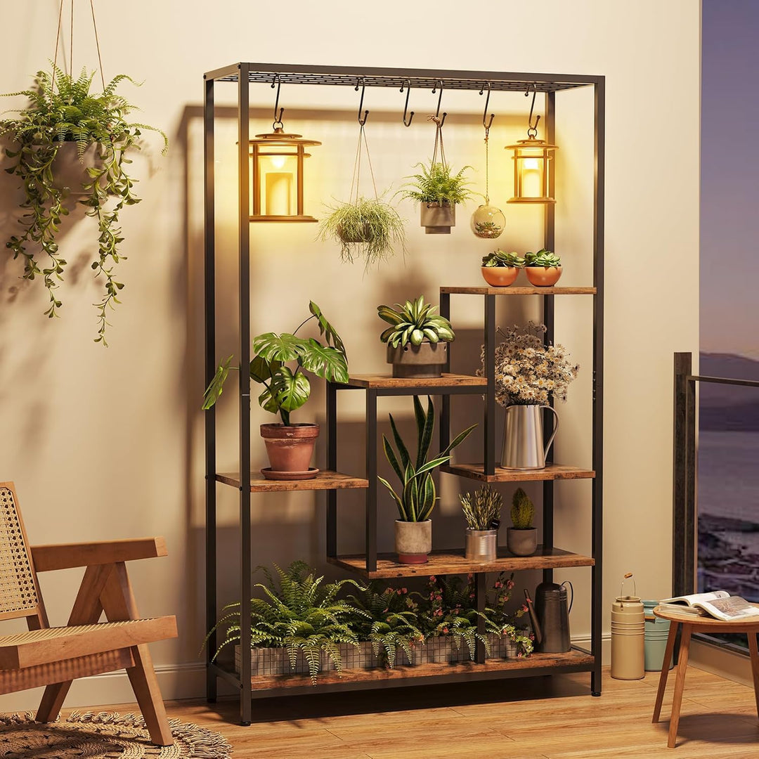Indoor Pflanzenständer, 5 Etage 180 cm, Grosses Metall Pflanzenregal mit Haken zum Aufhängen, Multif