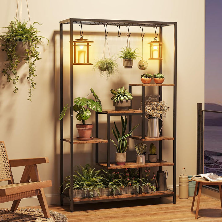 Indoor Pflanzenständer, 5 Etage 180 cm, Grosses Metall Pflanzenregal mit Haken zum Aufhängen, Multif