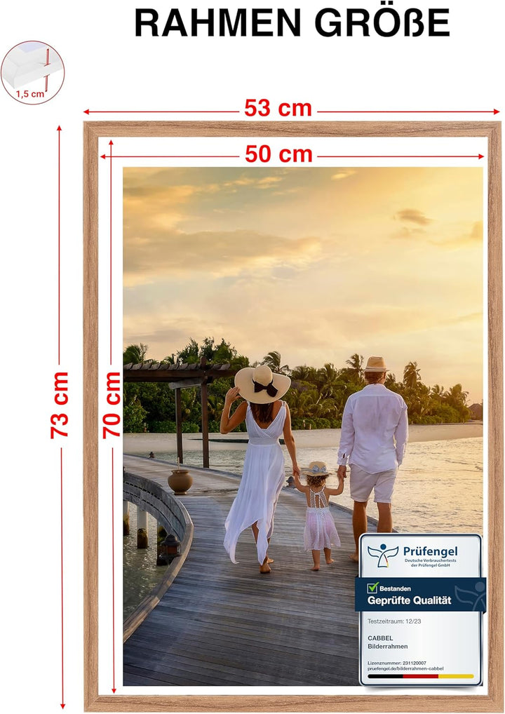 1x Bilderrahmen 50x70 cm Eiche Rahmen 1-Pack | Dokumentenrahmen, Collage, Poster | MDF Holz-Posterra