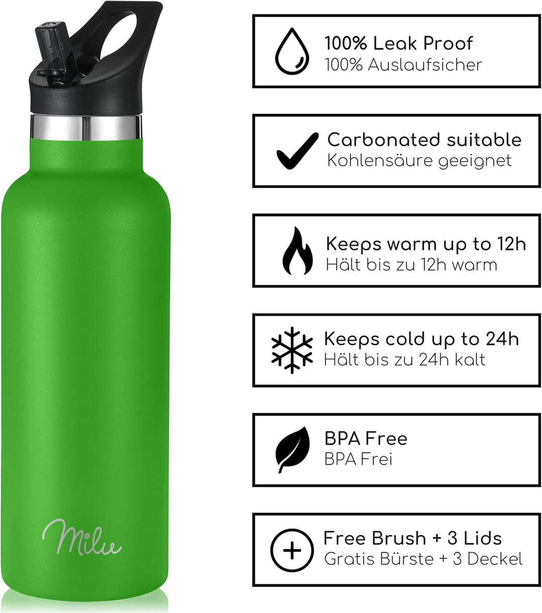 Milu Edelstahl Trinkflasche 350ml 500ml 750ml 1000ml (+3 Deckel) Thermosflasche mit Strohhalm, Isoli