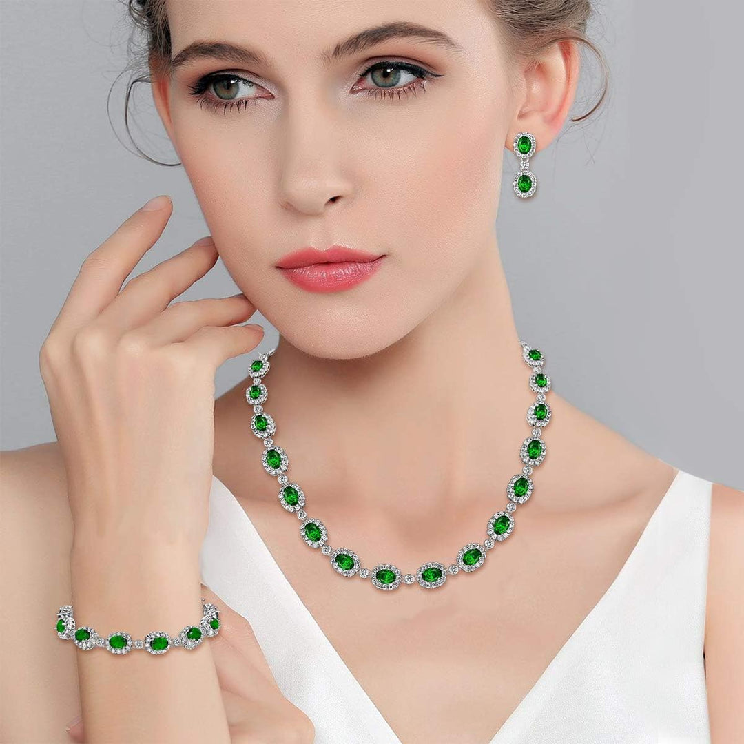 EVER FAITH Damen CZ Hochzeit Braut Oval Teardrop Halskette Ohrringe Armband Set Silber-Ton Grün Silb