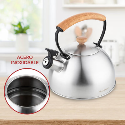 Florina Wooden Wasserkessel Induktion, Flötenkessel, Alle Herdarten, 2,3 L, Edelstahl Teekessel, Hol