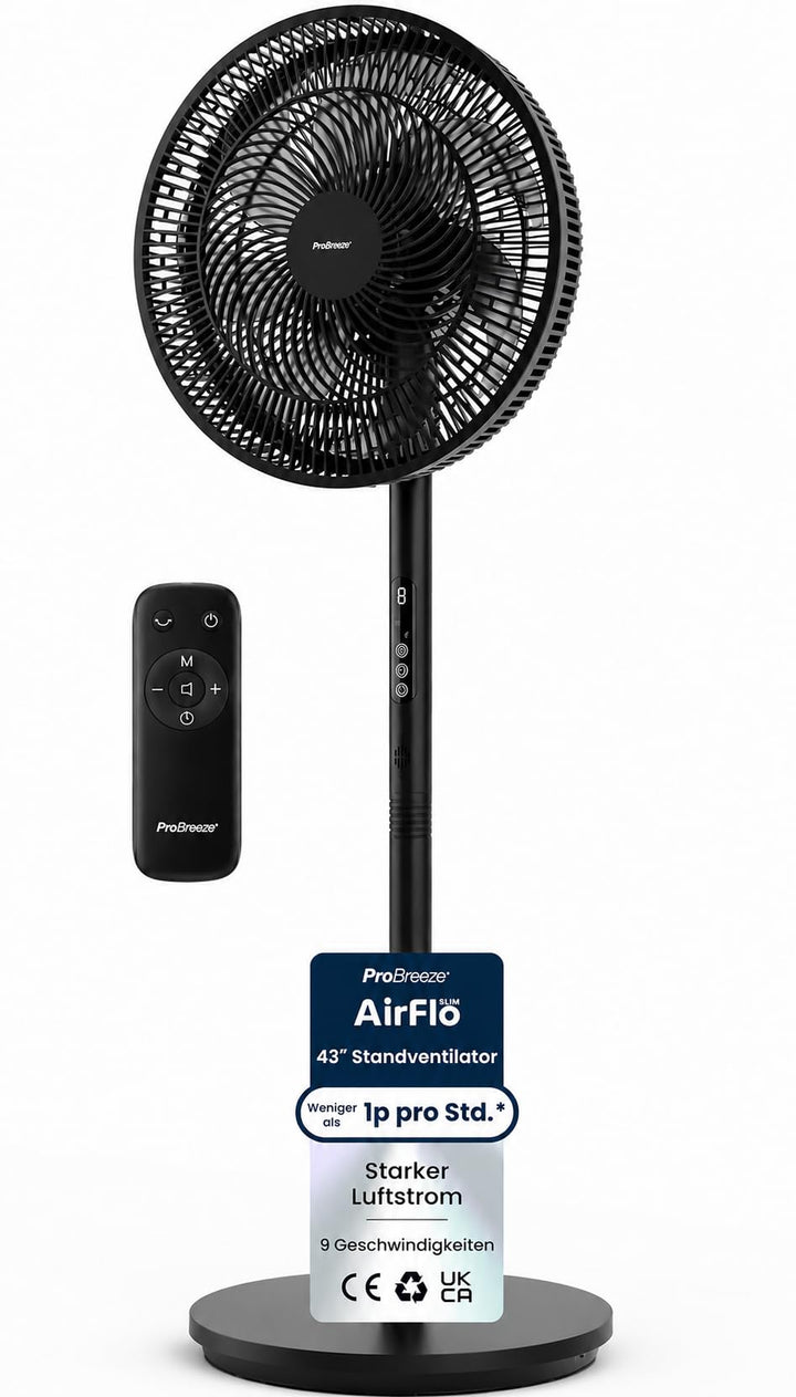 Pro Breeze AirFlo Slim Standventilator – 3-in-1 mit 70, 100 & 130 cm, 9 Stufen bis 5,0 m/s, leise mi