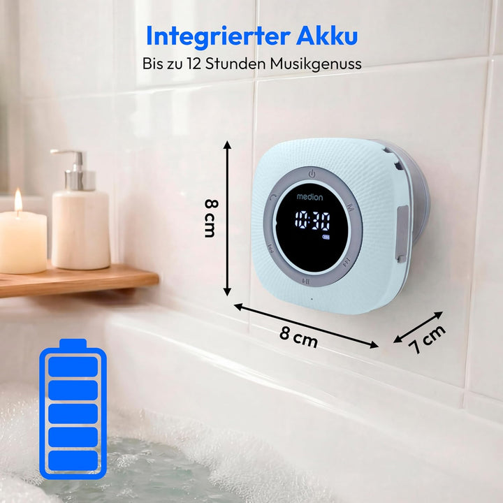 MEDION P66096 Duschradio mit Bluetooth (Badradio, UKW Radio, Saugnapf, LED-Display, IPX6 Wasserdicht