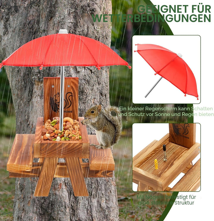Eichhörnchen Futterhaus Wetterfest mit Regenschirm,Eichhörnchenfutterhaus für draussen Lustiger Pick