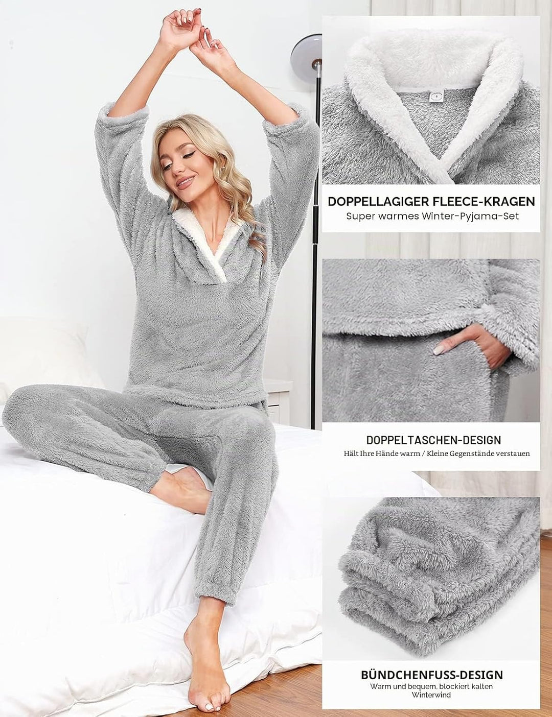 TOMEEK Schlafanzug Damen Winter Thermo Pyjama Set Langarm Fleece Nachtwäsche Set Weicher Warmer Heim