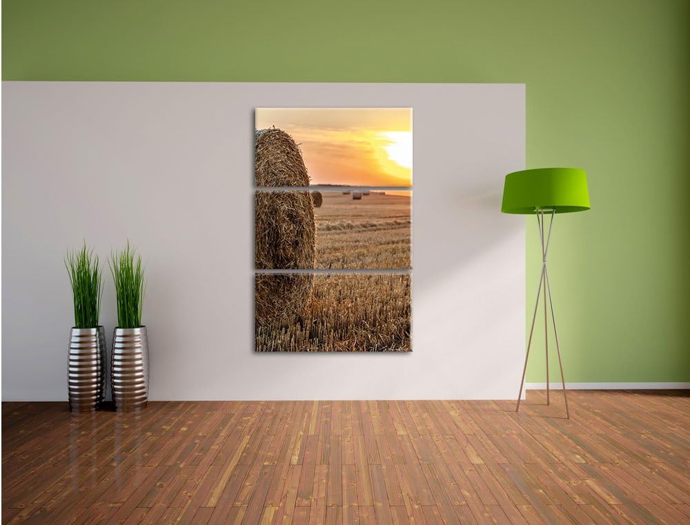 Pixxprint Strohballen auf Feld als Leinwandbild/Grösse: 3 Teilig (120x80) cm/Wandbild/Kunstdruck/fer