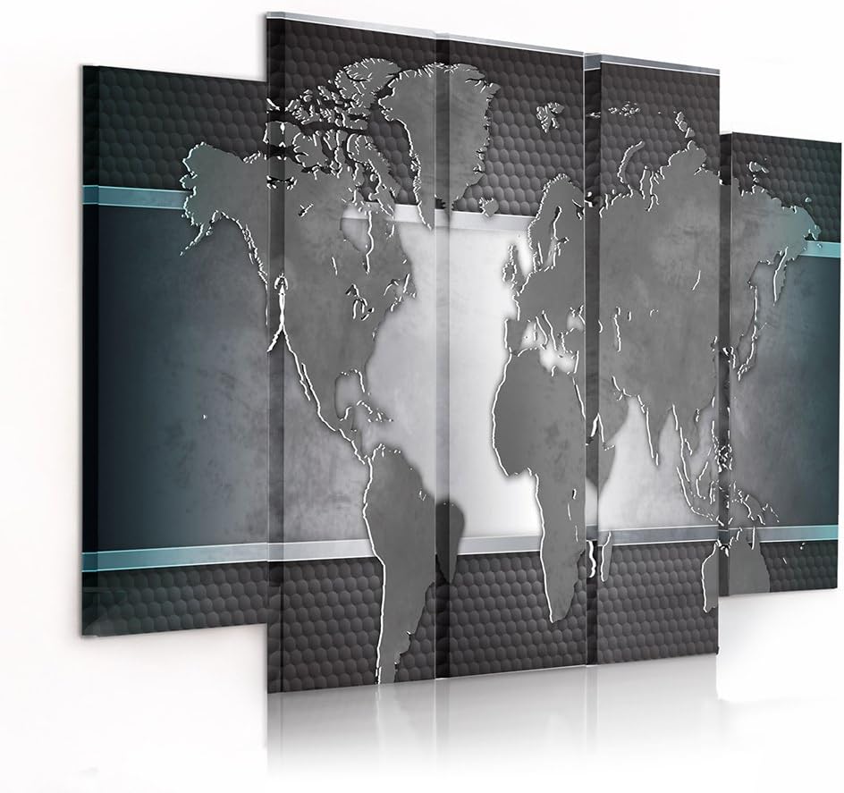 Feeby Frames, Leinwandbild Bilder Wand Bild - 5 Teile - Wandbilder Kunstdruck (WELTKARTE, GRAU) 150x