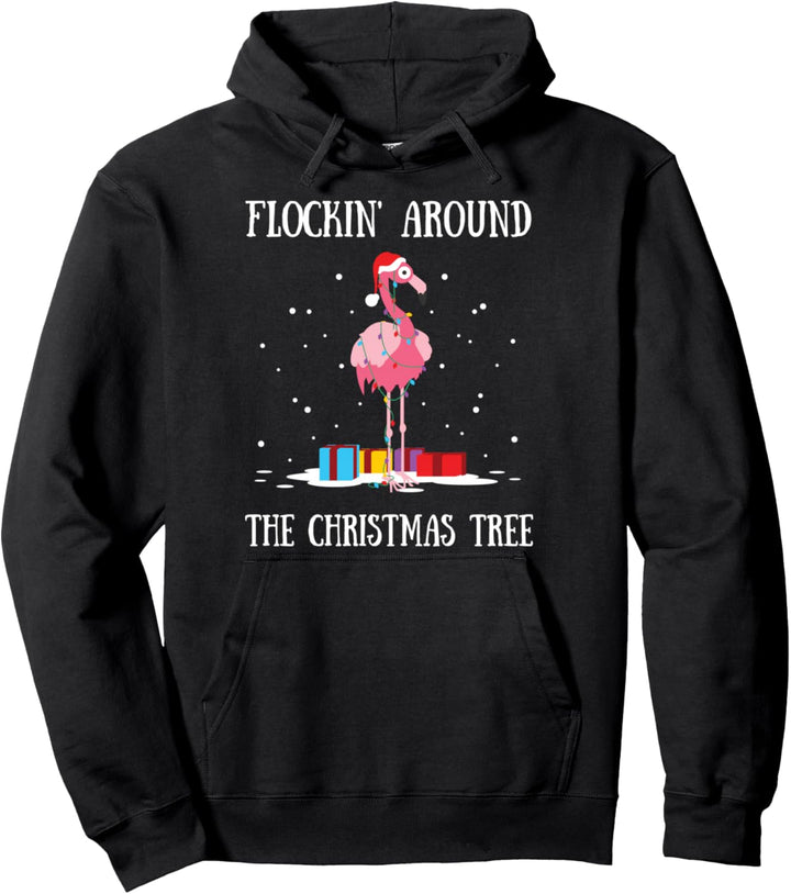 Flamingo-Beflockung um den Weihnachtsbaum-Lichterkette Pullover Hoodie