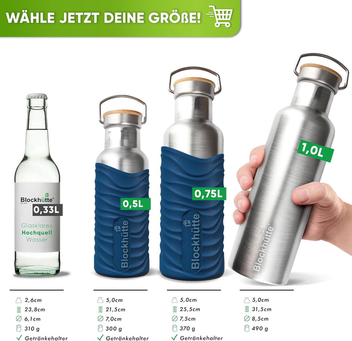Blockhütte Edelstahl Trinkflasche 750ml I Wasserflasche Kohlensäure geeignet I Auslaufsicher, BPA-Fr