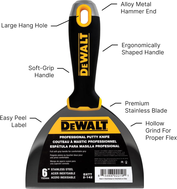 DEWALT 6" Putty Knife | Stainless Steel w/Soft Grip Handle | DXTT-2-142 6-Inch, 6-Inch