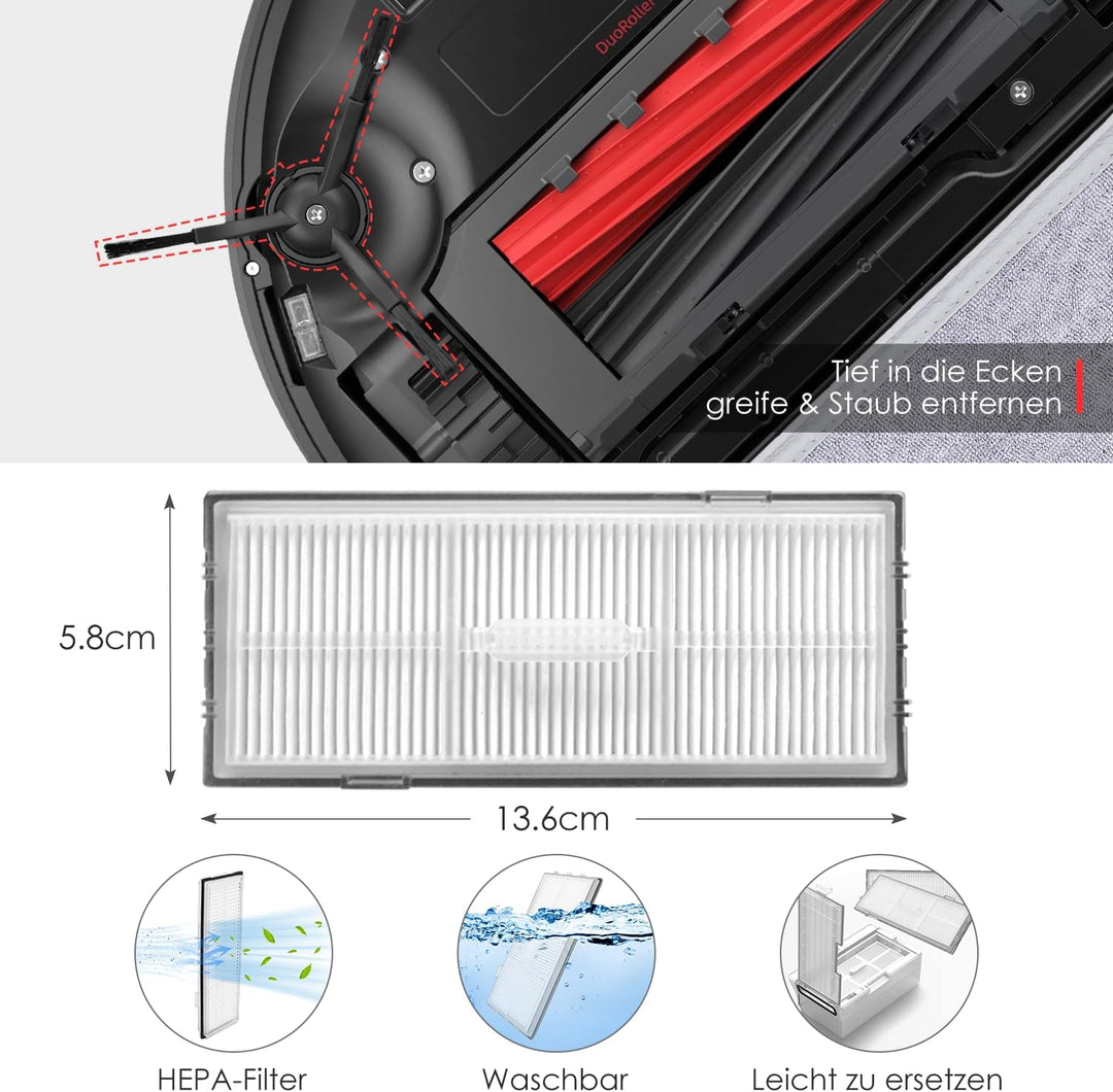 Zubehörset für Roborock S8 Pro Ultra, 6*Staubbeutel 1*Main Rollbürste 4*Seitenbürsten 2*Filter 4*Mop