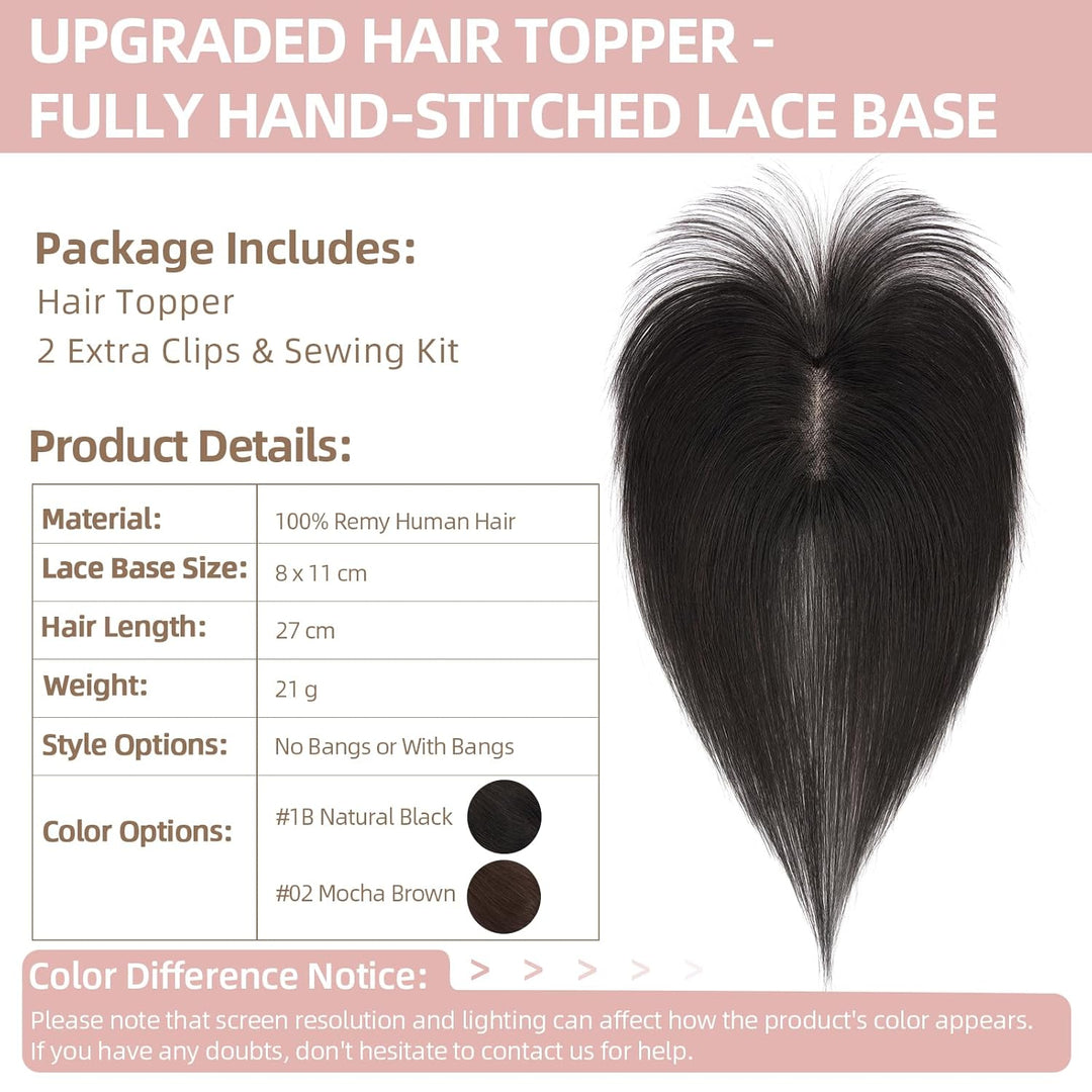 Silk-co Hair Topper Echthaar, 8x11cm handgebunden Basis Toupet Damen, Clip in Haarteile mit Spitzen-