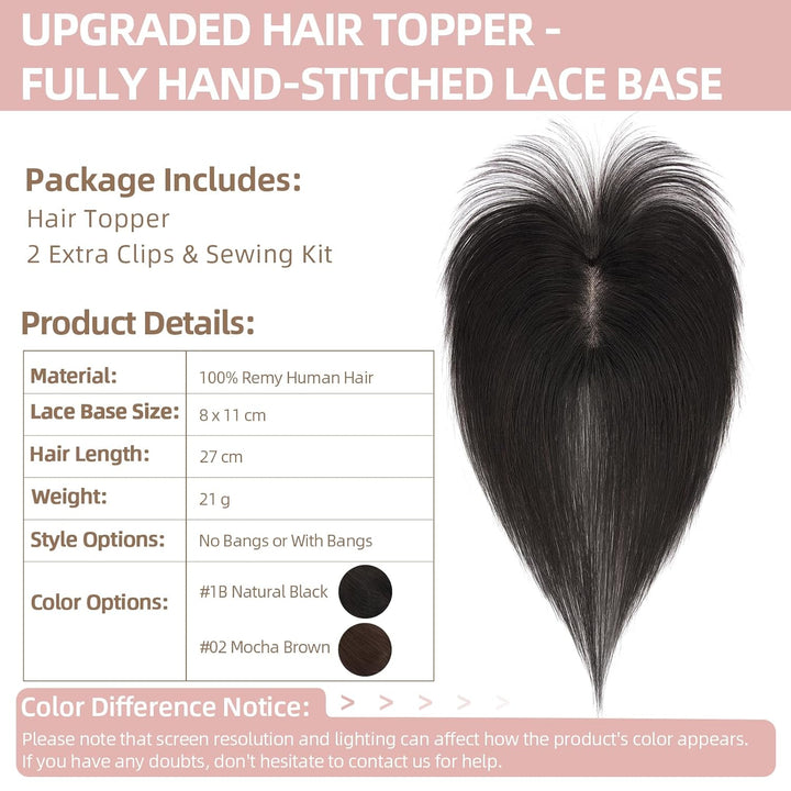 Silk-co Hair Topper Echthaar, 8x11cm handgebunden Basis Toupet Damen, Clip in Haarteile mit Spitzen-