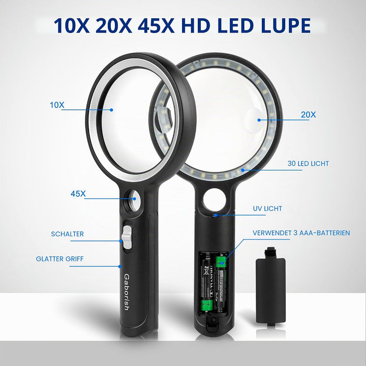 Lupe mit Licht, 10X 20X 45X Handlupe mit Licht, Magnifying Glass mit 30 LED und 1 UV, Vergrösserungs