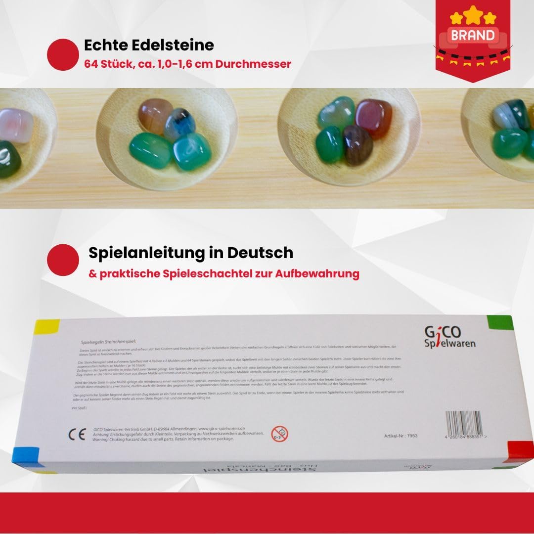 GICO Steinchenspiel Hus Bao gross aus Holz mit Edelsteinen. Das Strategiespiel für Jung und Alt beka