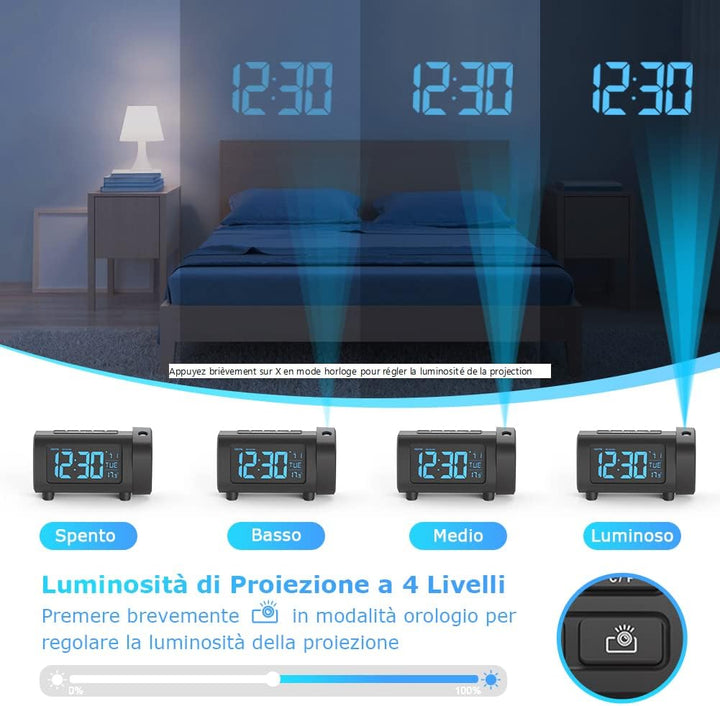 LIORQUE Projektionswecker Radiowecker Digital Wecker mit Radio Snooze Wochenendmodus Temperatur USB