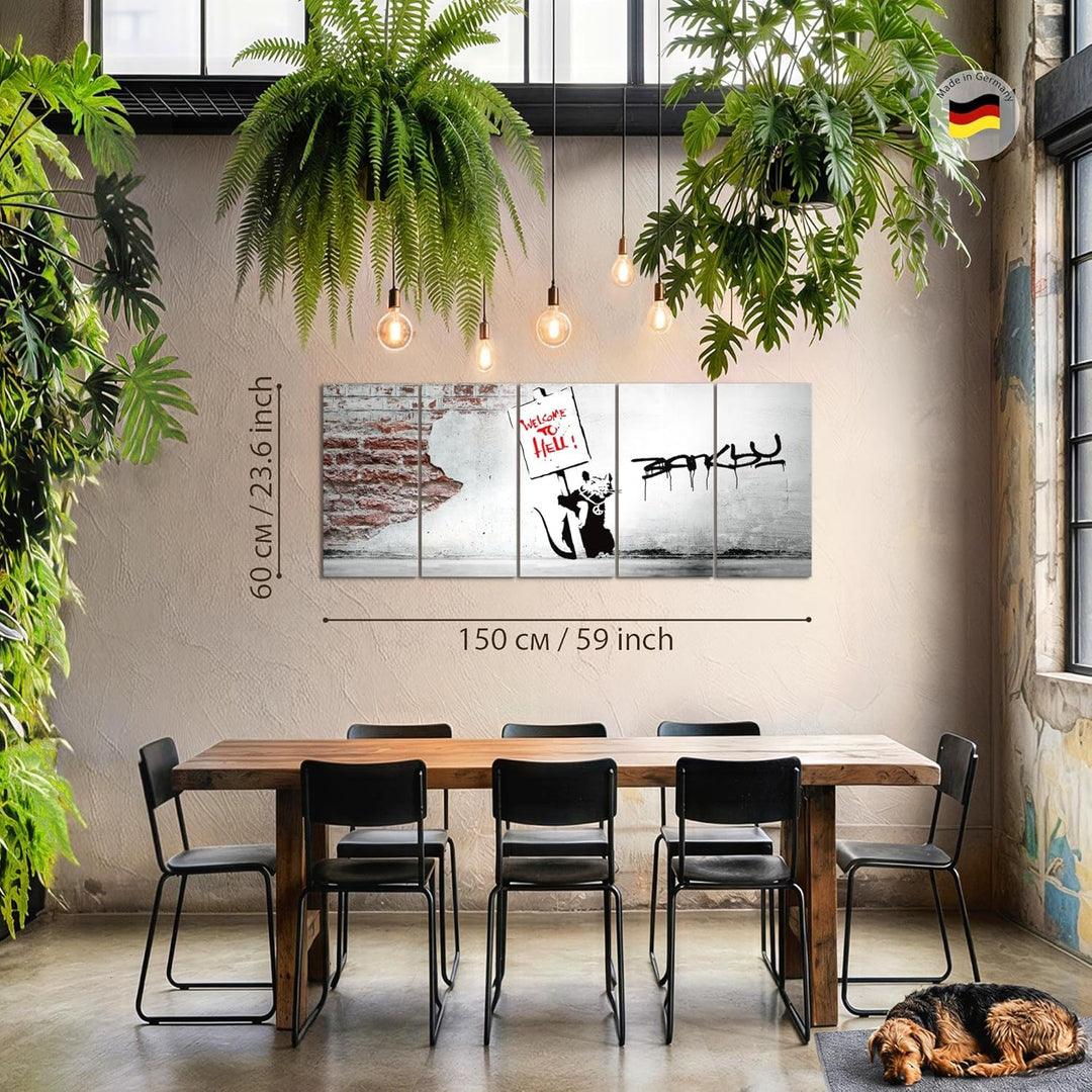 Runa Art Bild Banksy Graffiti Zitat Ratte mit Shild Wandbilder auf Vlies Leinwand 5 Teilig Wanddekor