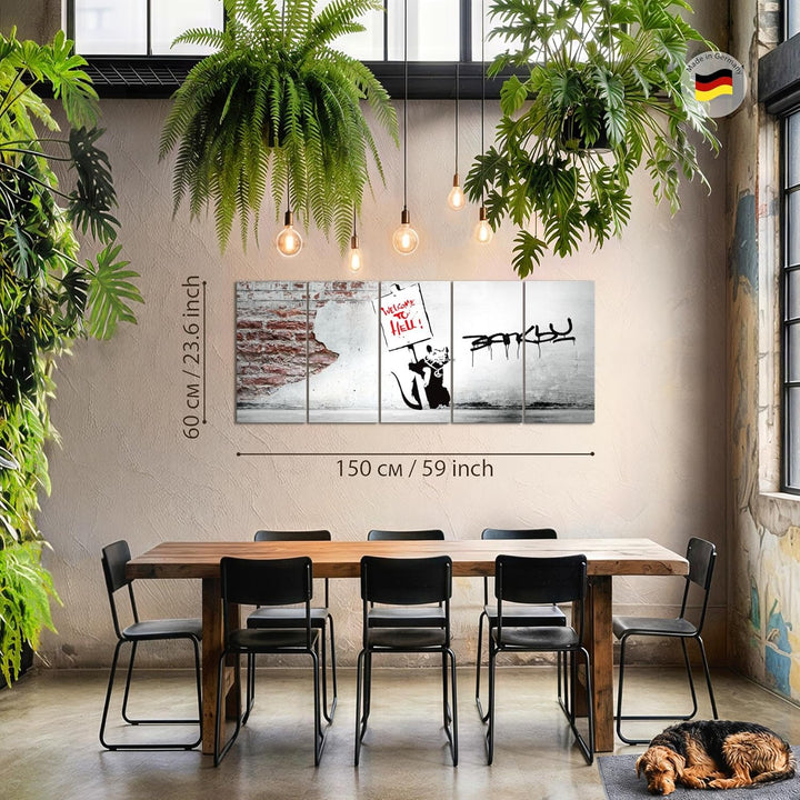 Runa Art Bild Banksy Graffiti Zitat Ratte mit Shild Wandbilder auf Vlies Leinwand 5 Teilig Wanddekor