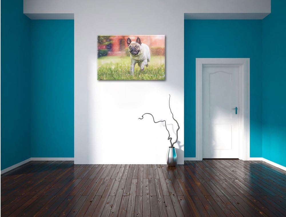 Pixxprint Rennender Mops als Leinwandbild/Grösse: 100x70 cm/Wandbild/Kunstdruck/fertig bespannt, 100
