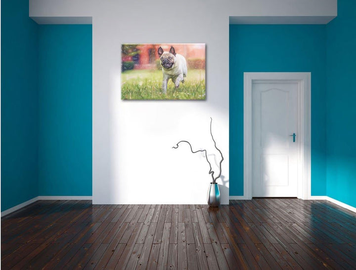 Pixxprint Rennender Mops als Leinwandbild/Grösse: 100x70 cm/Wandbild/Kunstdruck/fertig bespannt, 100