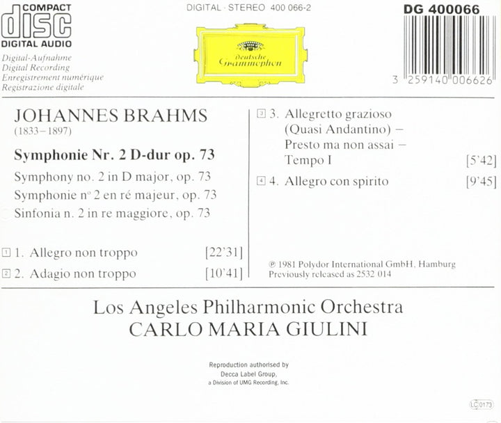 Los Angeles Philharmonic Orchestra / Giu - Brahms: Symphonie No. 2, Audio-CD