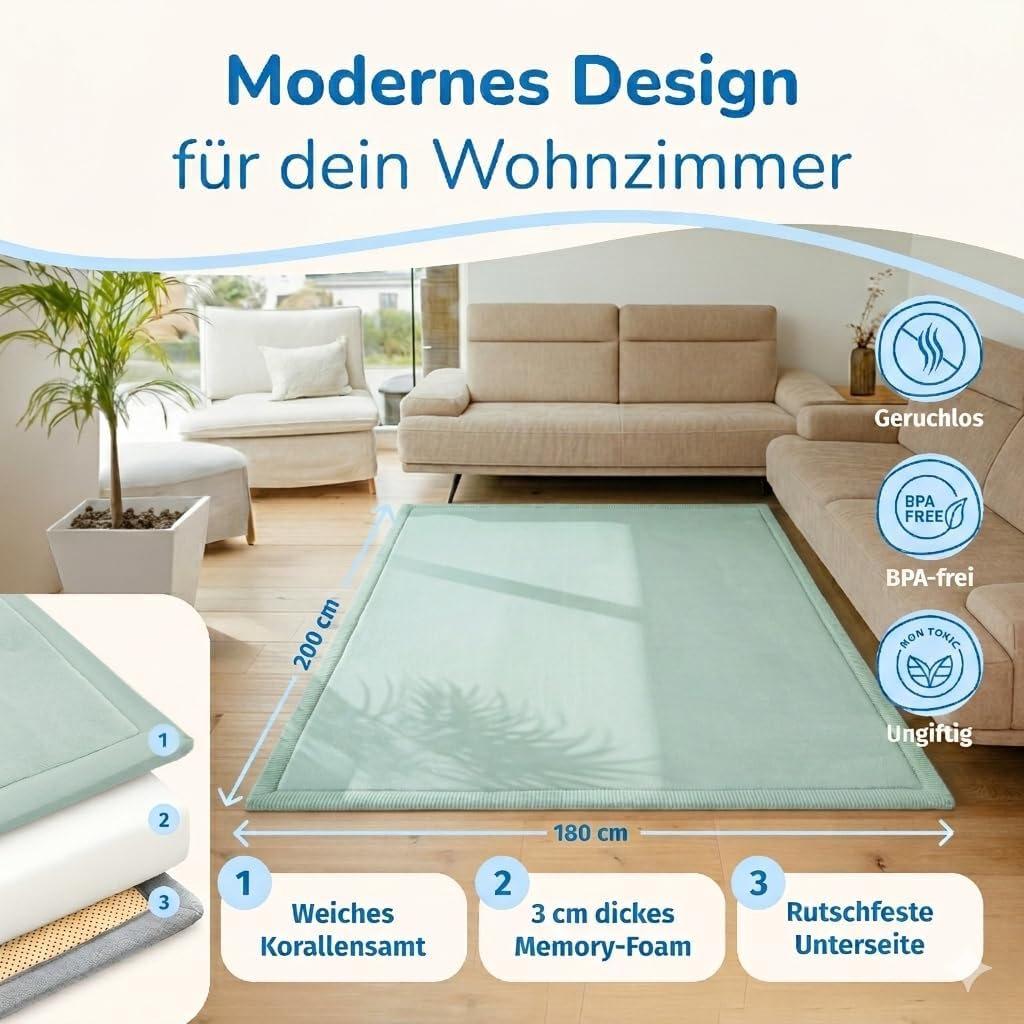 BabybeFun Krabbelmatte Baby - kuschelig weich - 3cm Dicke Spielmatte - schützt vor Stössen - Teppich
