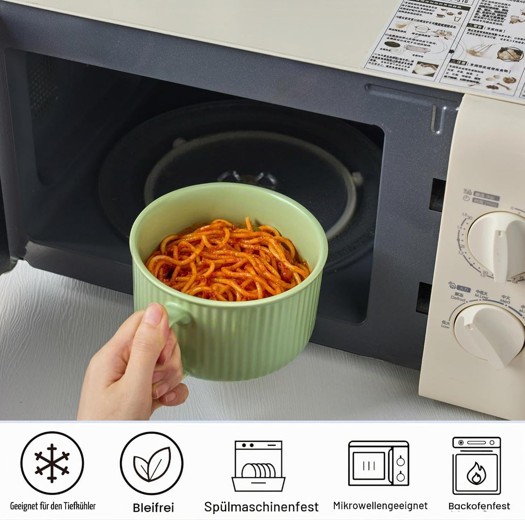 Keramik Suppenschalen mit Griff und Deckel, 750 ml Grosse Suppentasse für Suppe, Instant-Nudel, Müsl