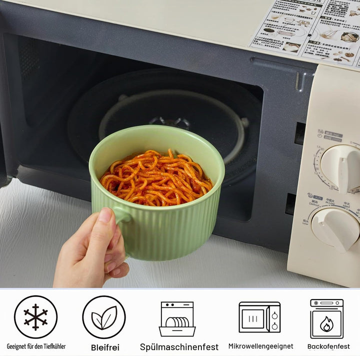 Keramik Suppenschalen mit Griff und Deckel, 750 ml Grosse Suppentasse für Suppe, Instant-Nudel, Müsl