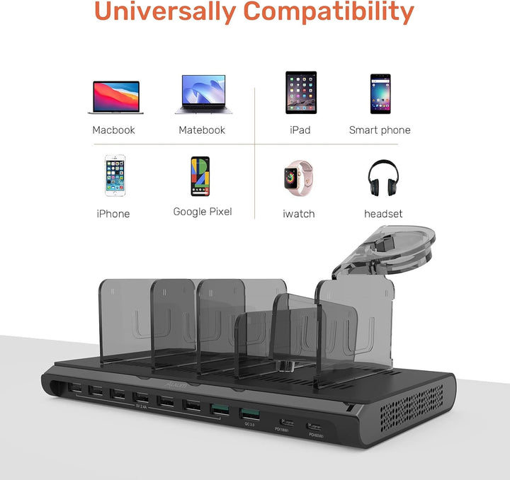 Alxum 120W 10 Port USB C Ladestation für Multi-Geräte, USB Multi Mobile Ladestation Schnellladestati