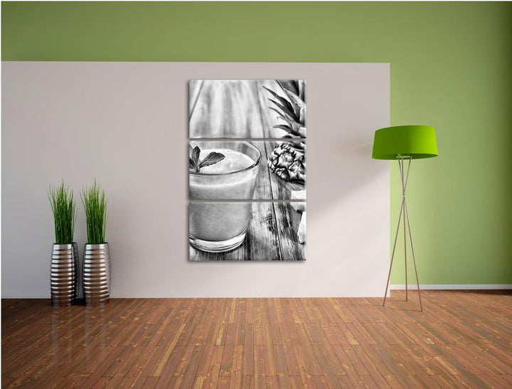 Pixxprint Ananas Cocktail auf Holztisch als Leinwandbild/Grösse: 3 Teilig (120x80) cm/Wandbild/Kunst