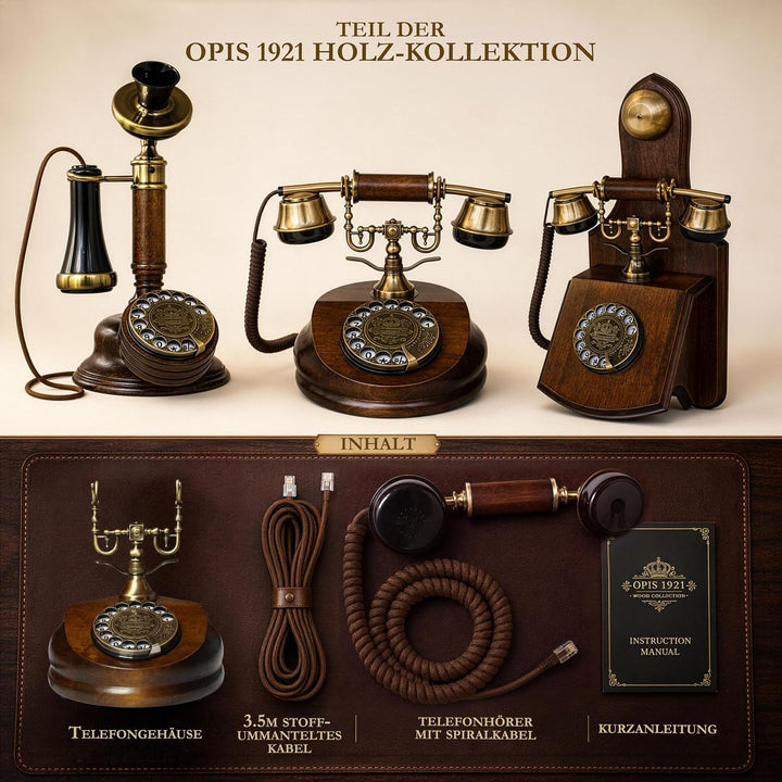 Opis 1921 Cable - Modell A - Retro Telefon aus Holz und Metall mit echter, rotierender Wählscheibe u