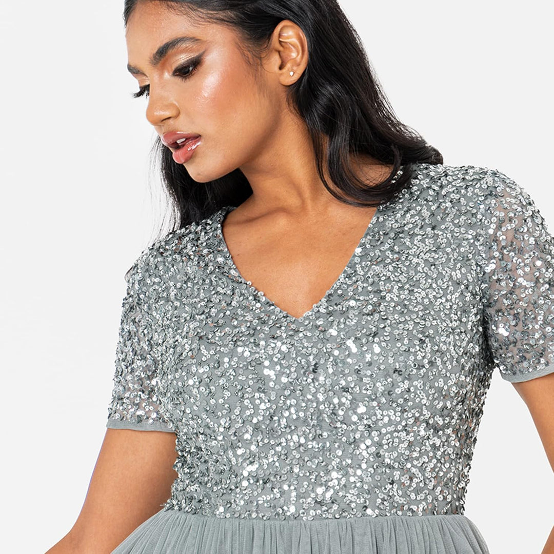 Maya Deluxe Damen Maya Deluxe V Neckline Embellished Maxi Bridesmaid Dress, Misty Green, 42 EU