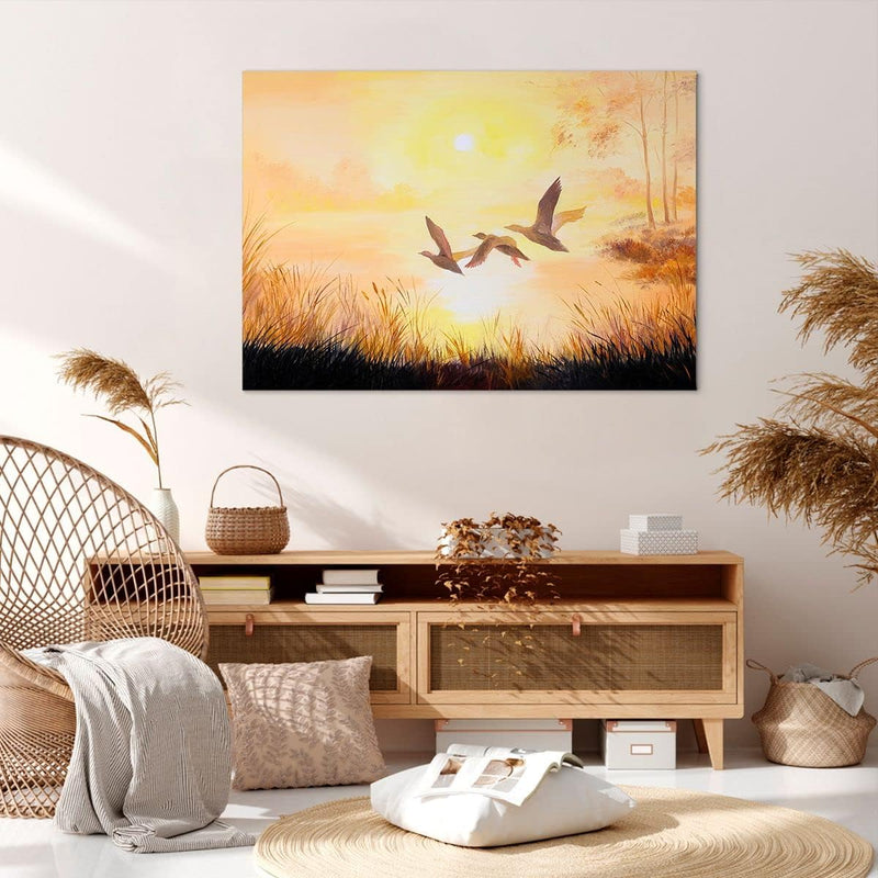 Bilder auf Leinwand 100x70cm Leinwandbild mit Rahmen Vogel Natur Wasser Gross Wanddeko Bild Schlafzi