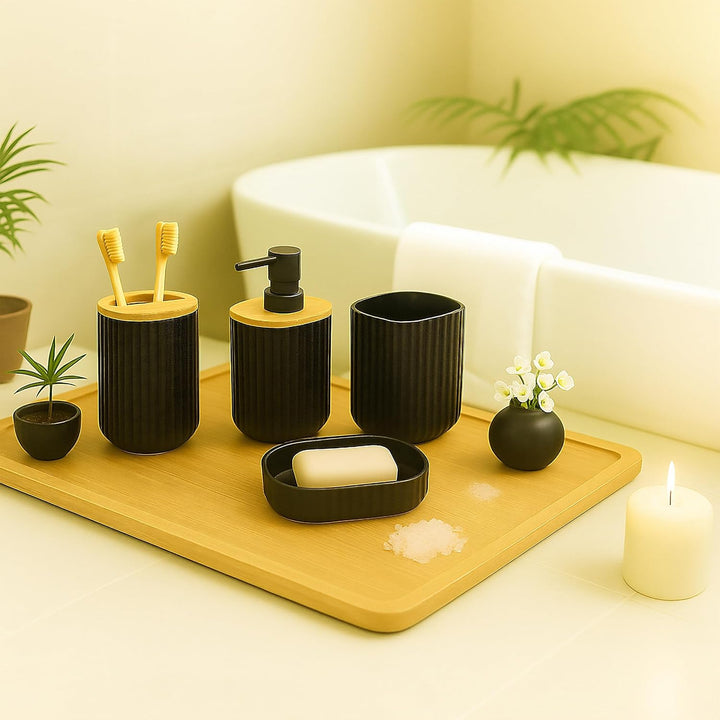 Relaxdays Badezimmer Set, 6-teilig, Badaccessoires Kunststoff & Bambus, komplettes Badzubehör-Set, B
