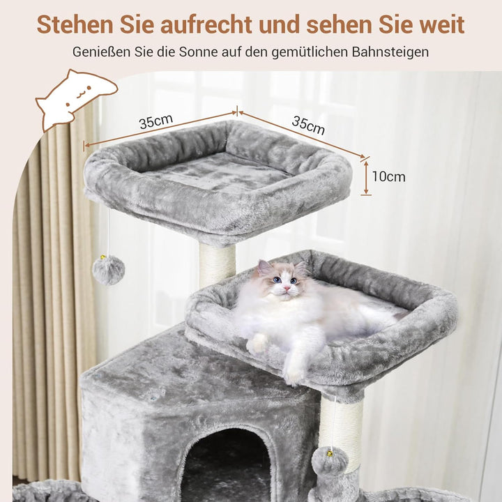 MSmask Kratzbaum gross, 180 cm hoch Katzenbaum mit Sisalstämmen, 2 Plattformen, 2 Katzenhöhlen, Korb