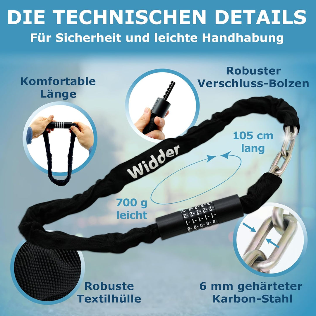 WIDDER Zahlenschloss Kettenschloss [3 Mio Kombinationen, sicher, 105cm lang] Fahrradschloss hohe Sic