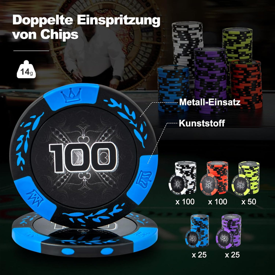 DREAMADE Aluminium Pokerkoffer mit 300 nummerierten Laser Poker Chips/ 2 Pokerkarten Set/ 5 Würfel/