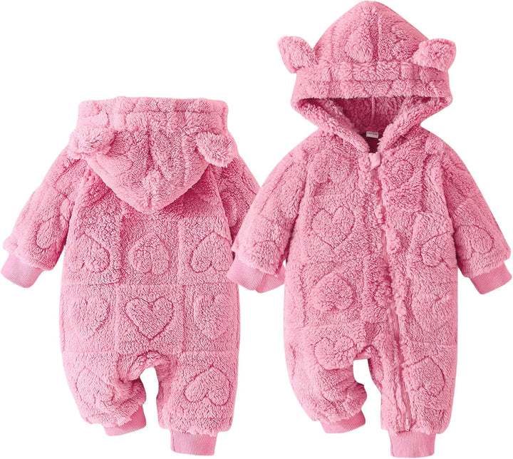 Adigau Baby Fleece Langarm Strampler mit Kapuze Winter Reissverschluss Overall Plüsch Herbst Bär Ohr