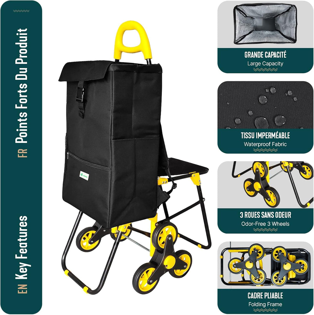 VOUNOT Einkaufstrolley Treppensteiger mit Kühlfach und Klappsitz, Einkaufswagen Klappbar mit 3 Räder