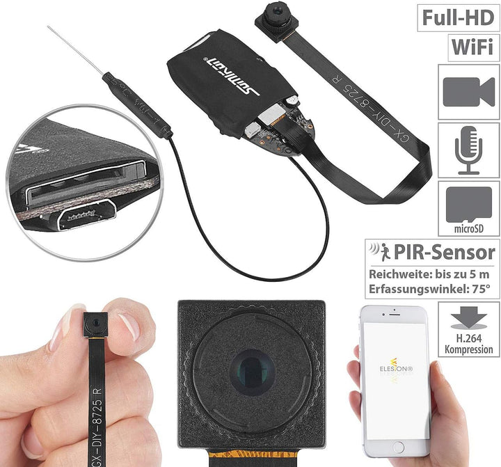 Somikon Micro Kamera: Full-HD-Micro-Einbaukamera mit Bewegungserkennung, WLAN & App (Spionagekamera,