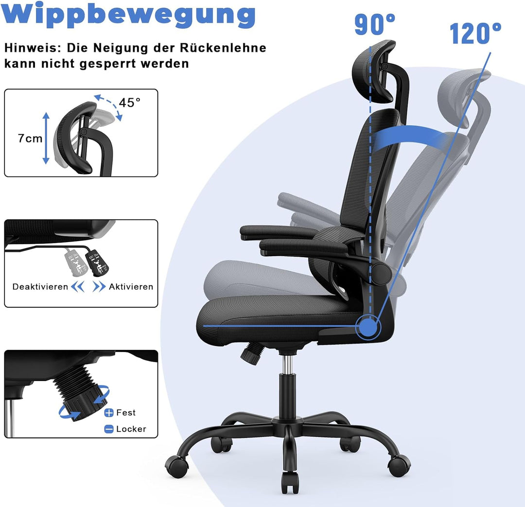 naspaluro Ergonomischer Bürostuhl, Schreibtischstuhl mit C-förmiger Lordosenstütze, Verstellbarer Ko