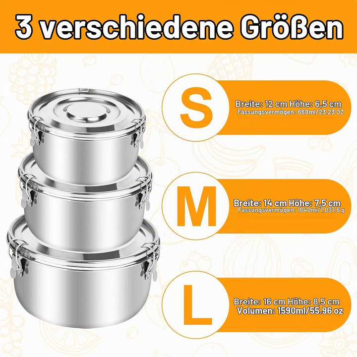 Edelstahl Behälter 3 Pack, 304 Edelstahl Brotdose (660ml/1040ml/1590ml) Erwachsenen Lebensmittelbehä