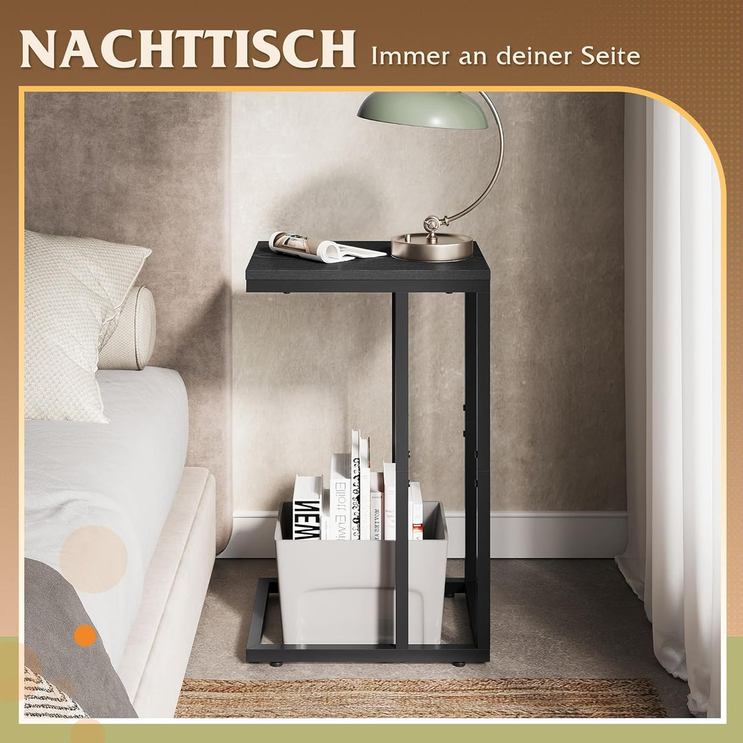 WLIVE Beistelltisch C Form Kleiner Sofatisch，Kaffeetisch mit Metallgestell，Tischplatte aus Holz，Couc