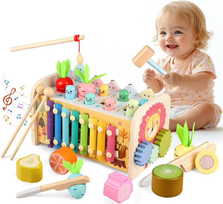 Montessori Spielzeug ab 1 Jahr, 9 in1 Kinderspielzeug Holzspielzeug Motorikspielzeug Hammerspiel Ste