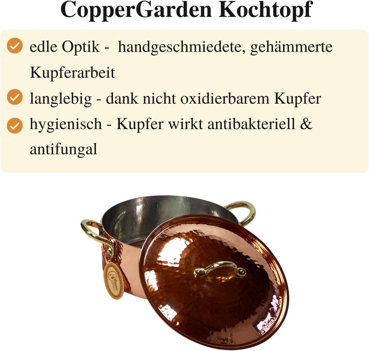 CopperGarden Kupfertopf mit Deckel + Griffen aus Messing I Gehämmerter Kupferkochtopf aus verzinntem