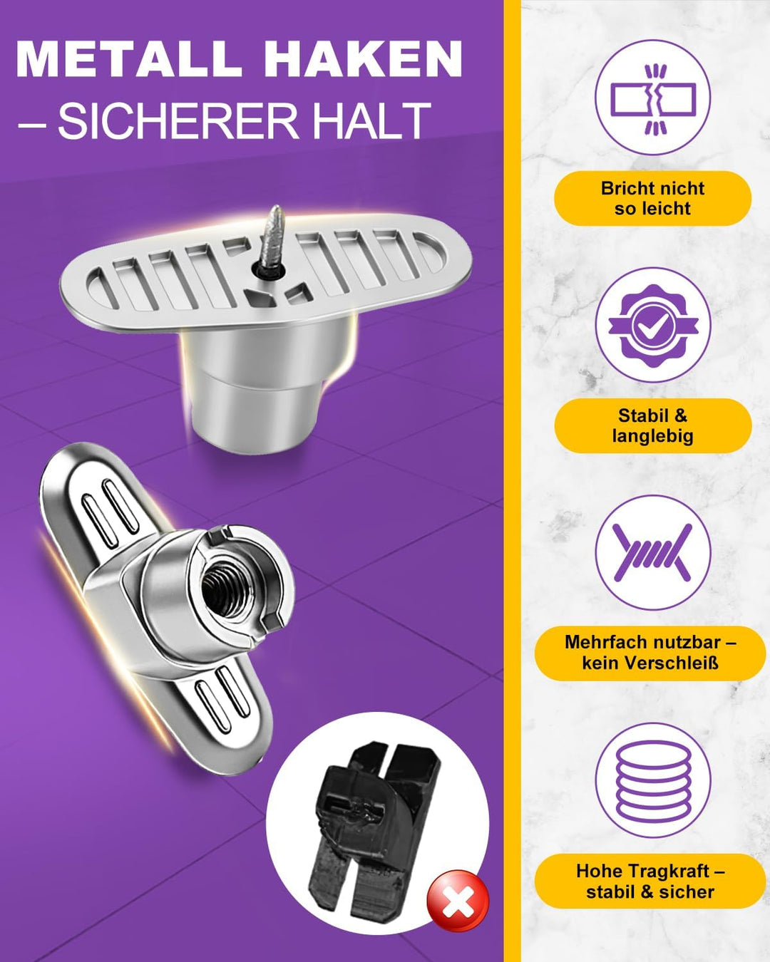 6 Haken für Akustikpaneele ohne Bohren – Metall, inkl. Werkzeug | 5-10 kg Tragkraft, Akustikpaneele
