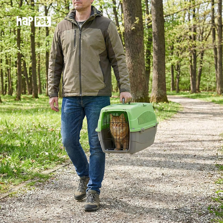 HAPPET Tiertransportbox Doggy M Grün-Grau 54x38x33 cm – Robuste, gut belüftete Transportbox aus Kuns